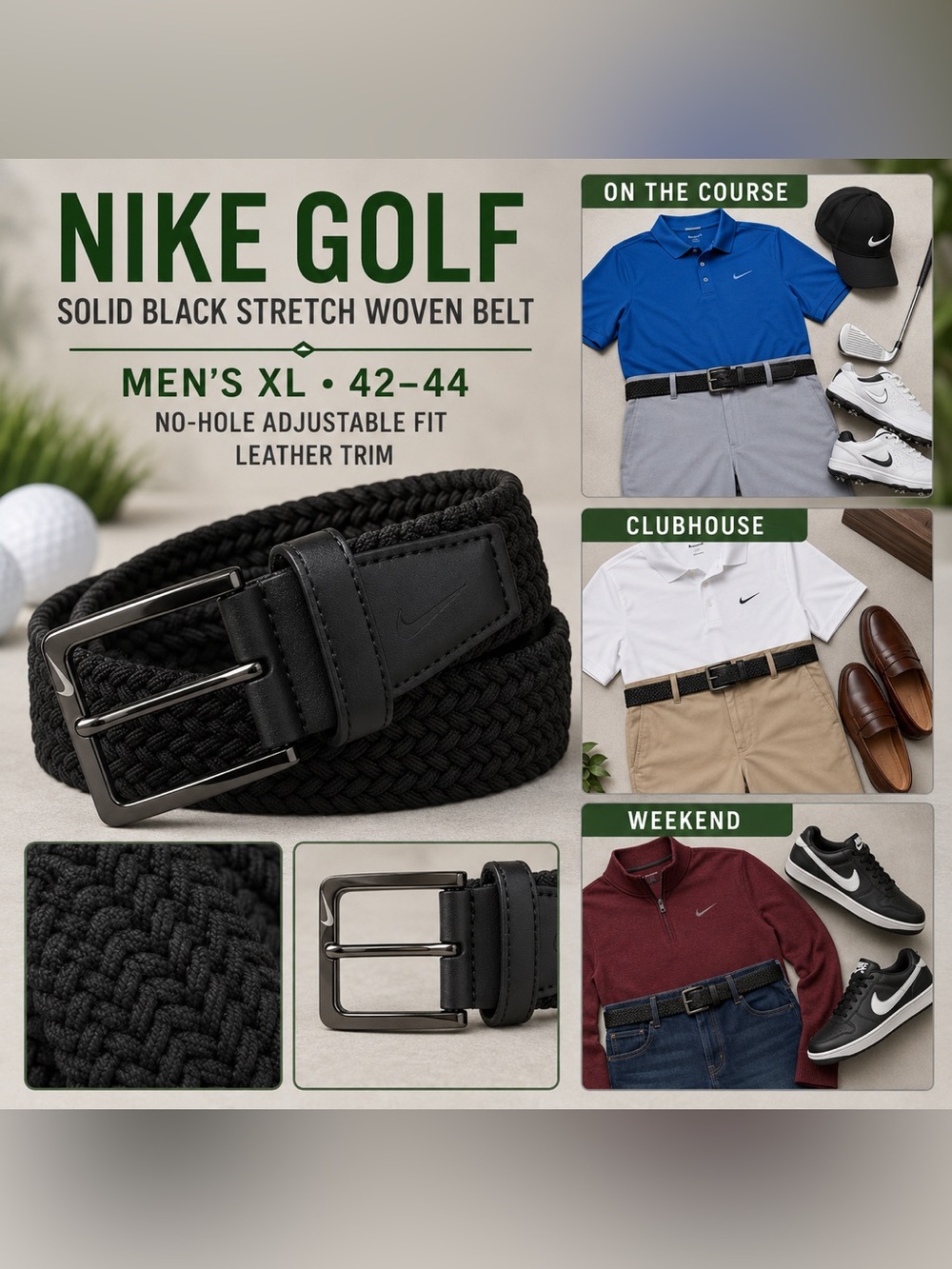Nike Golf Solid Black Stretch Woven Braided Belt XL 42–44